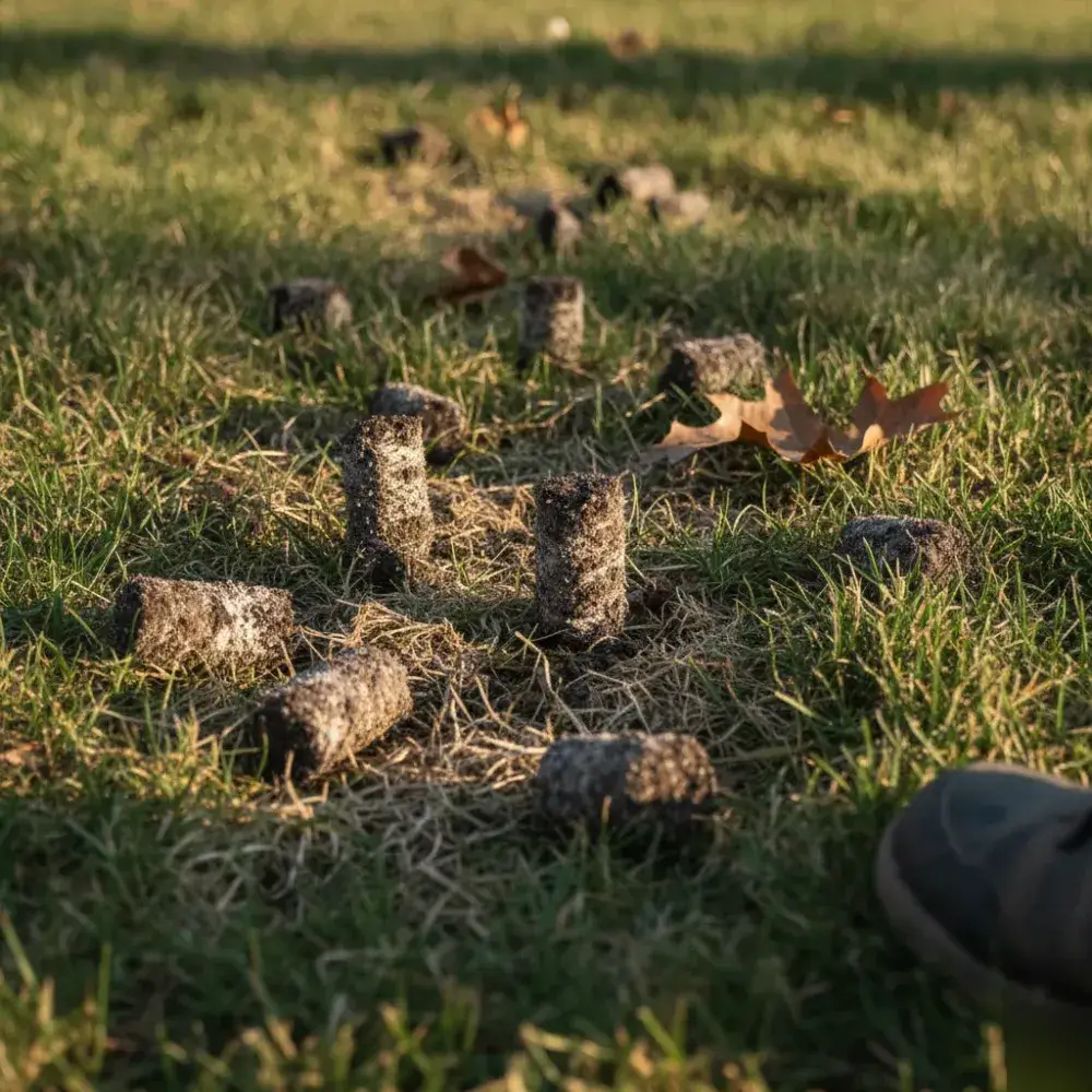 Close-up of soil plugs pulled from a lawn after core aeration