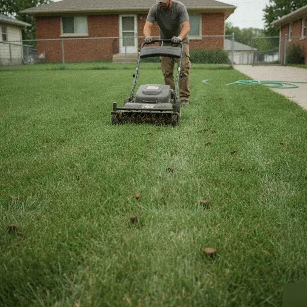 Yard Boss technician running a commercial aerator, soil plugs visible across the lawn